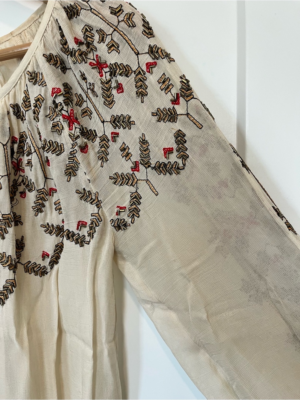 Free People Bohemian Beaded Embroidered Boho Cottagecore Peasant Pirate Blouse - Picture 6 of 11